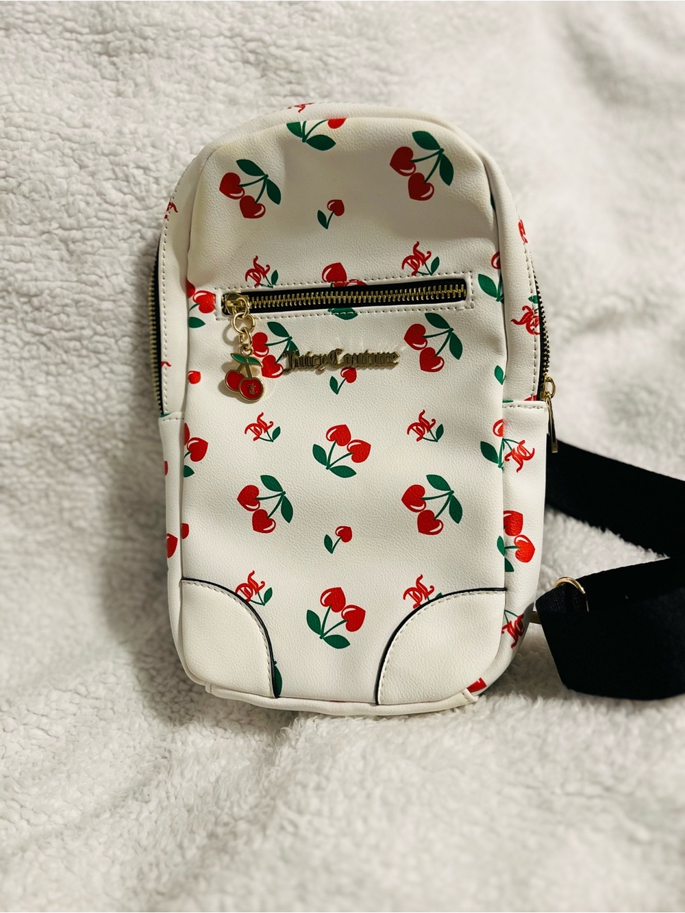 White Cherry-Print juicy Couture Sling Bag with Gold Hardware